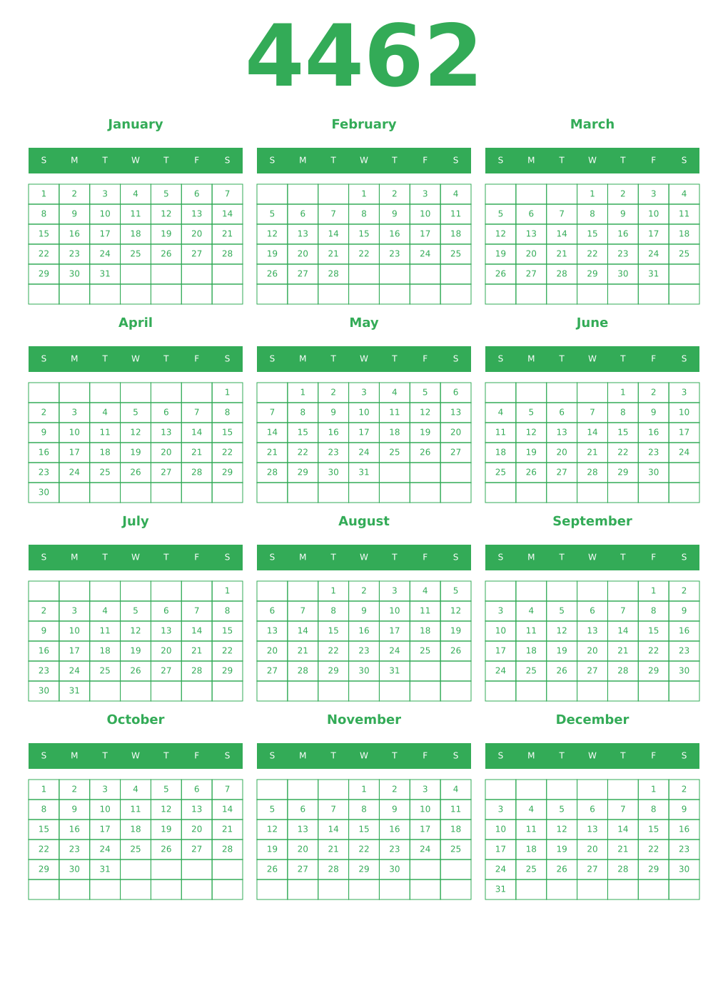 Printable 4462 Year Calendars green