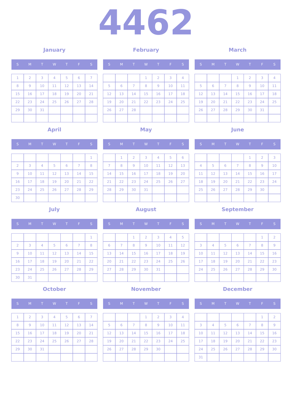 Printable 4462 Year Calendars periwinkle
