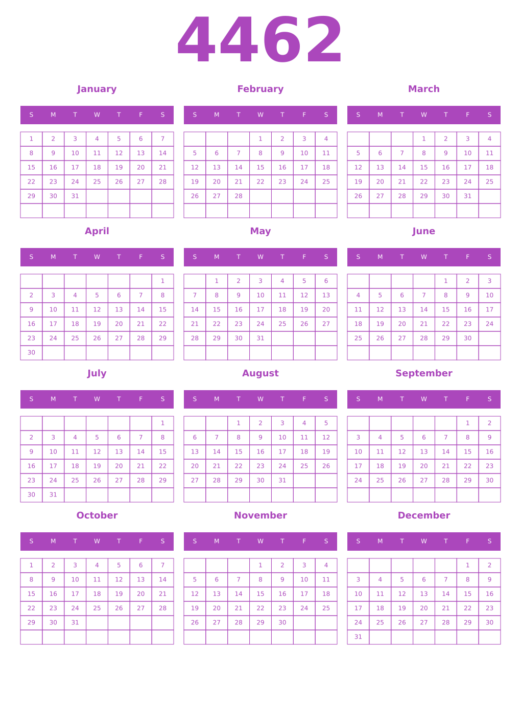 Printable 4462 Year Calendars purple