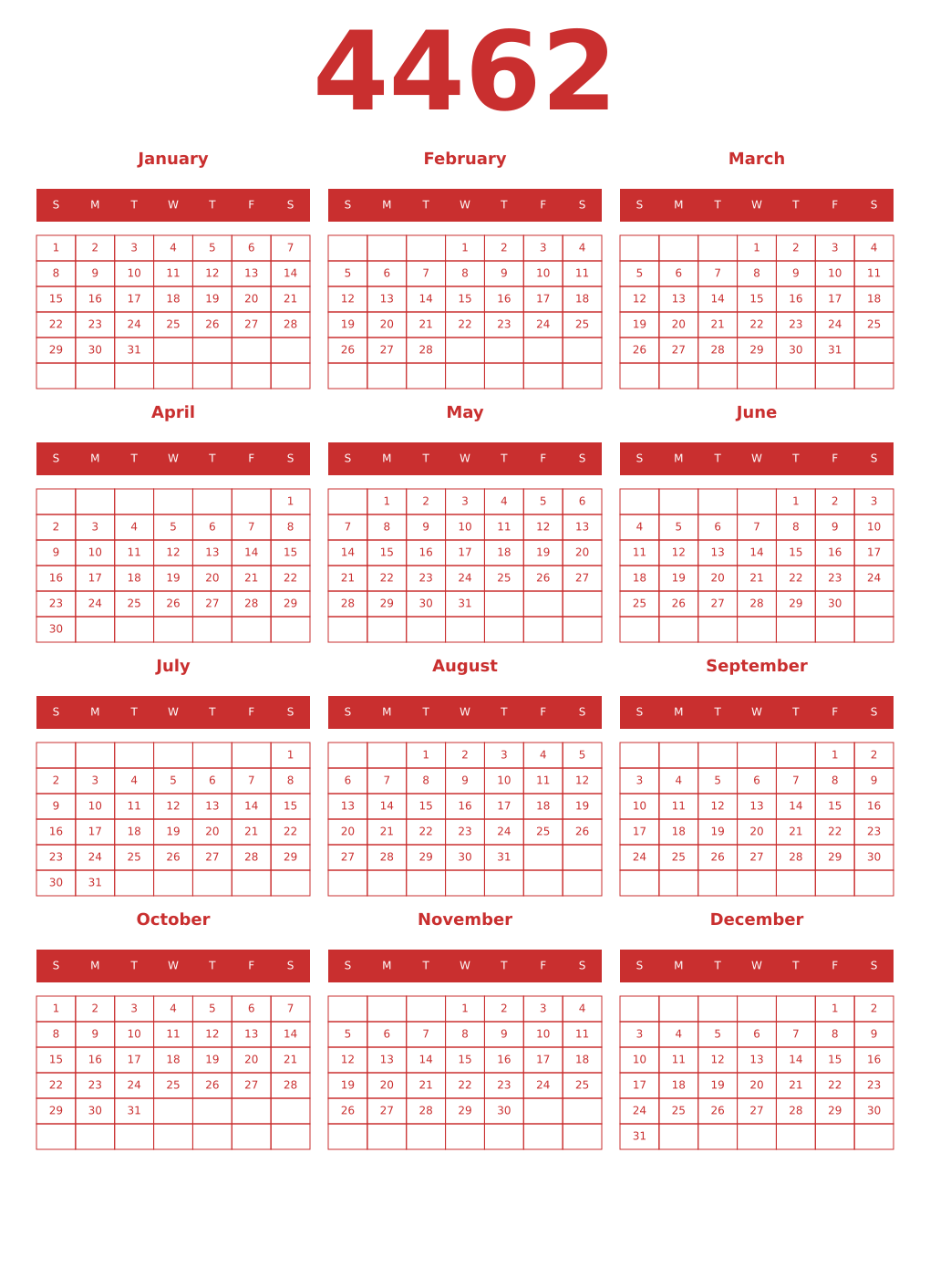 Printable 4462 Year Calendars red