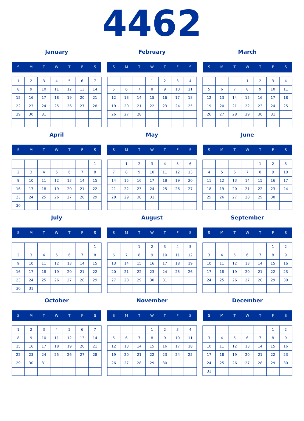 Printable 4462 Year Calendars smalt
