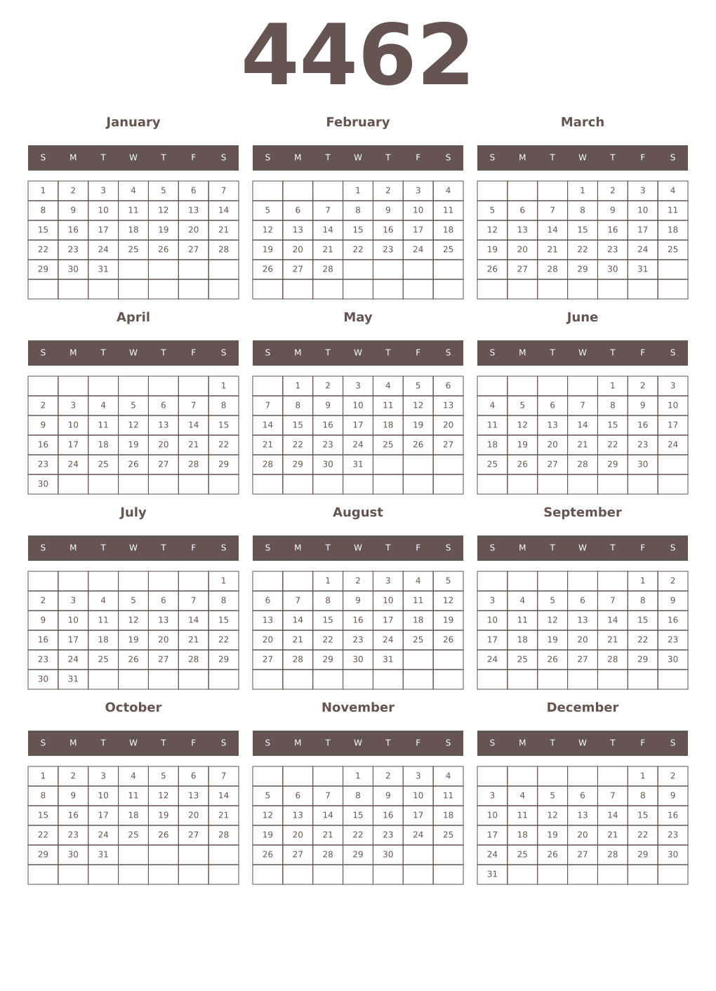 Printable 4462 Year Calendars wenge