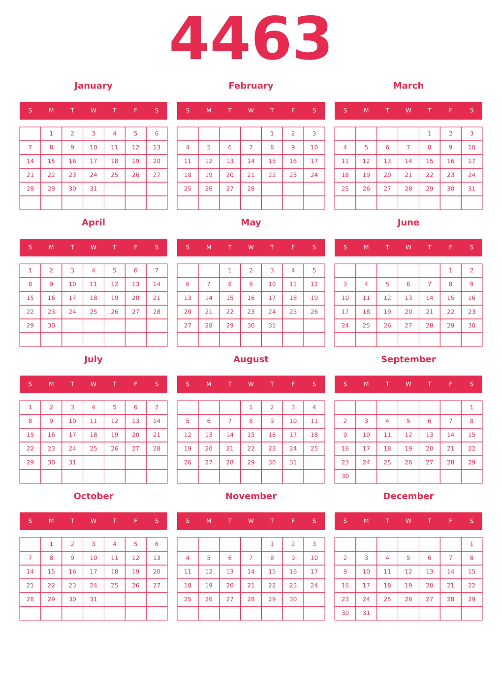Printable 4463 Year Calendars amaranth