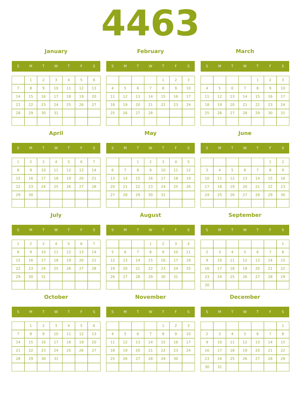 Printable 4463 Year Calendars chartreuse