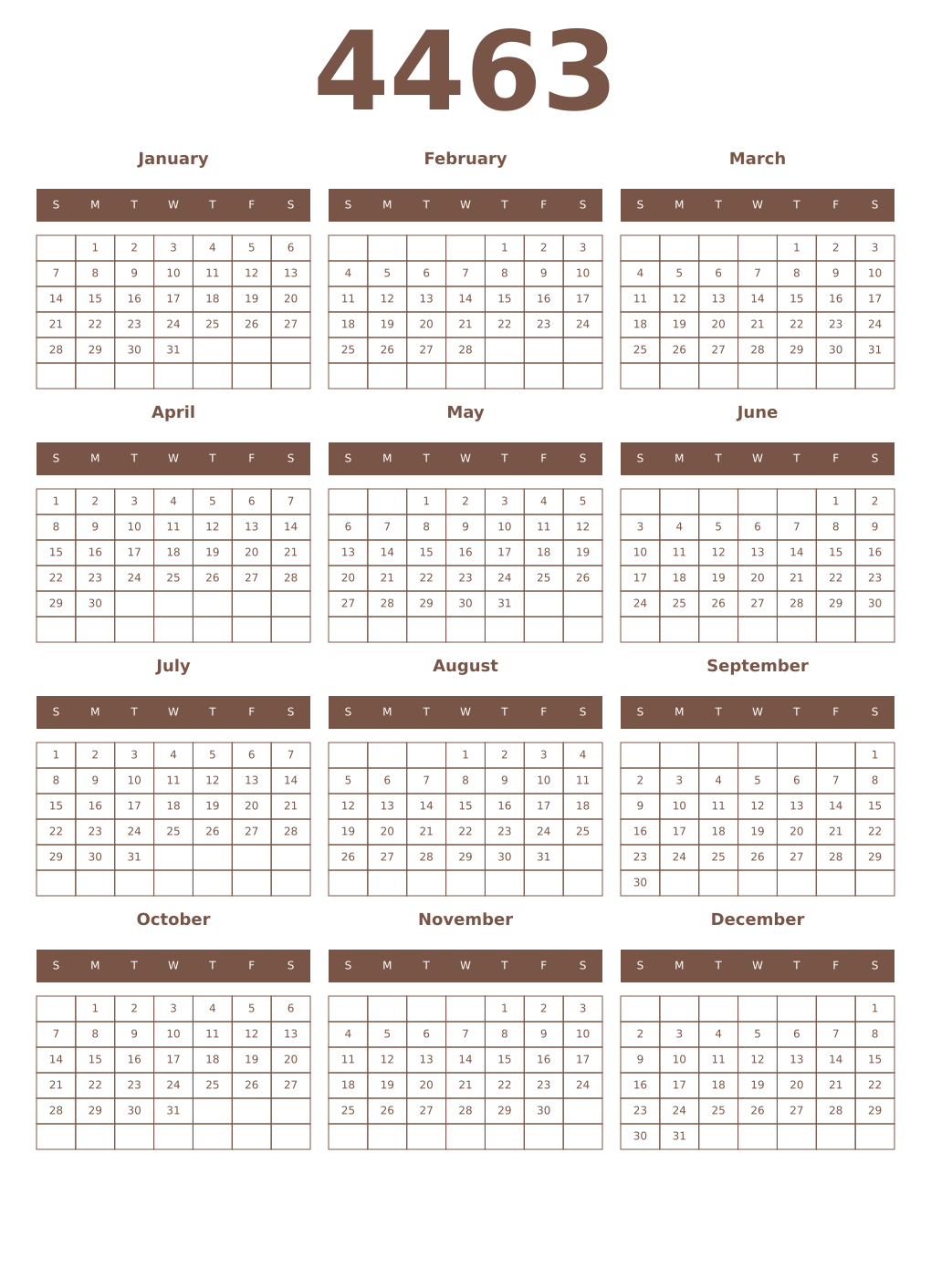 Printable 4463 Year Calendars coffe