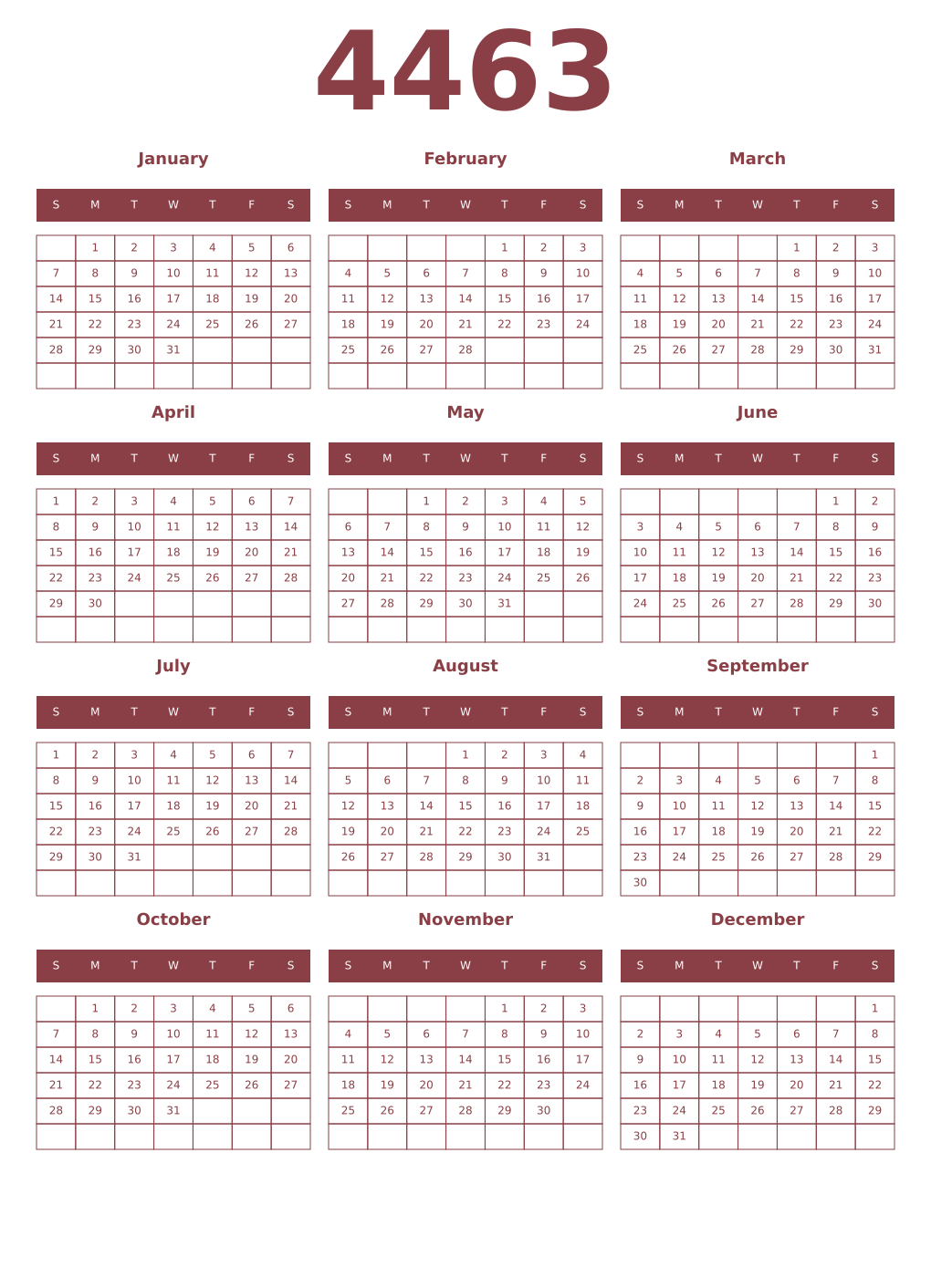Printable 4463 Year Calendars cordovan