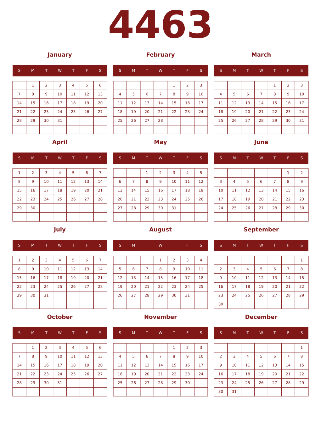 Printable 4463 Year Calendars falu