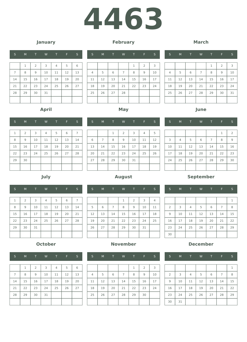 Printable 4463 Year Calendars feldgrau