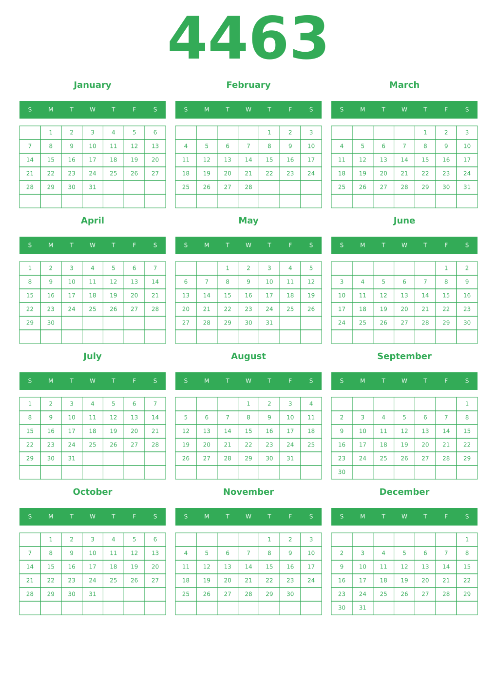Printable 4463 Year Calendars green