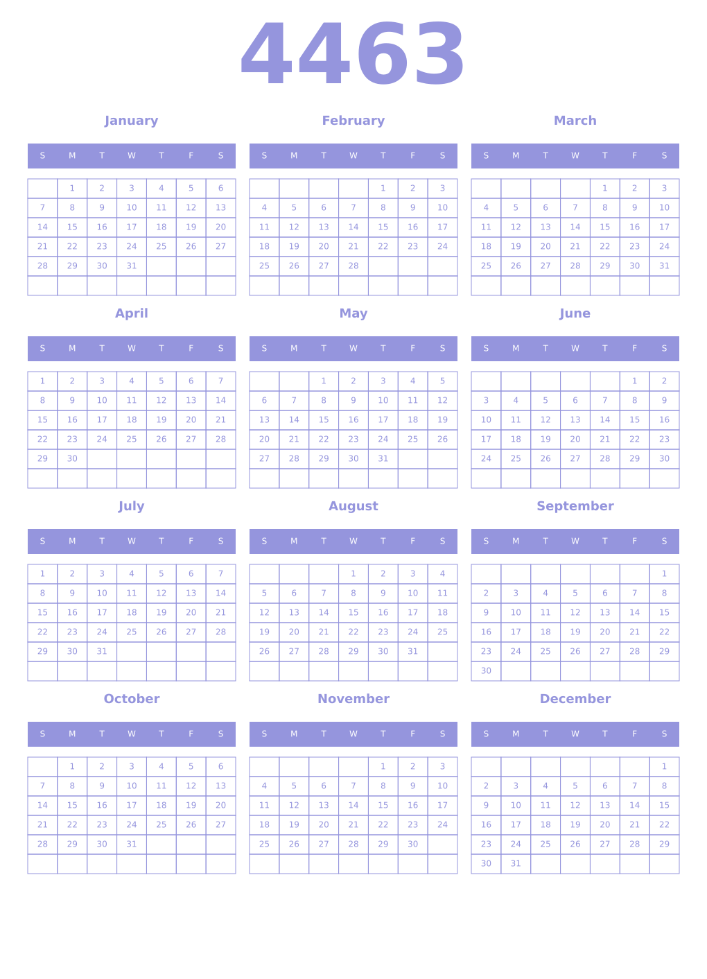 Printable 4463 Year Calendars periwinkle