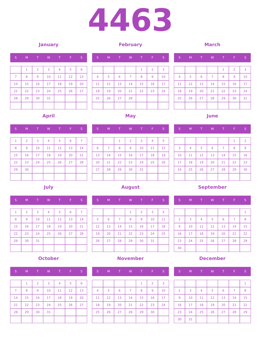 Printable 4463 Year Calendars purple