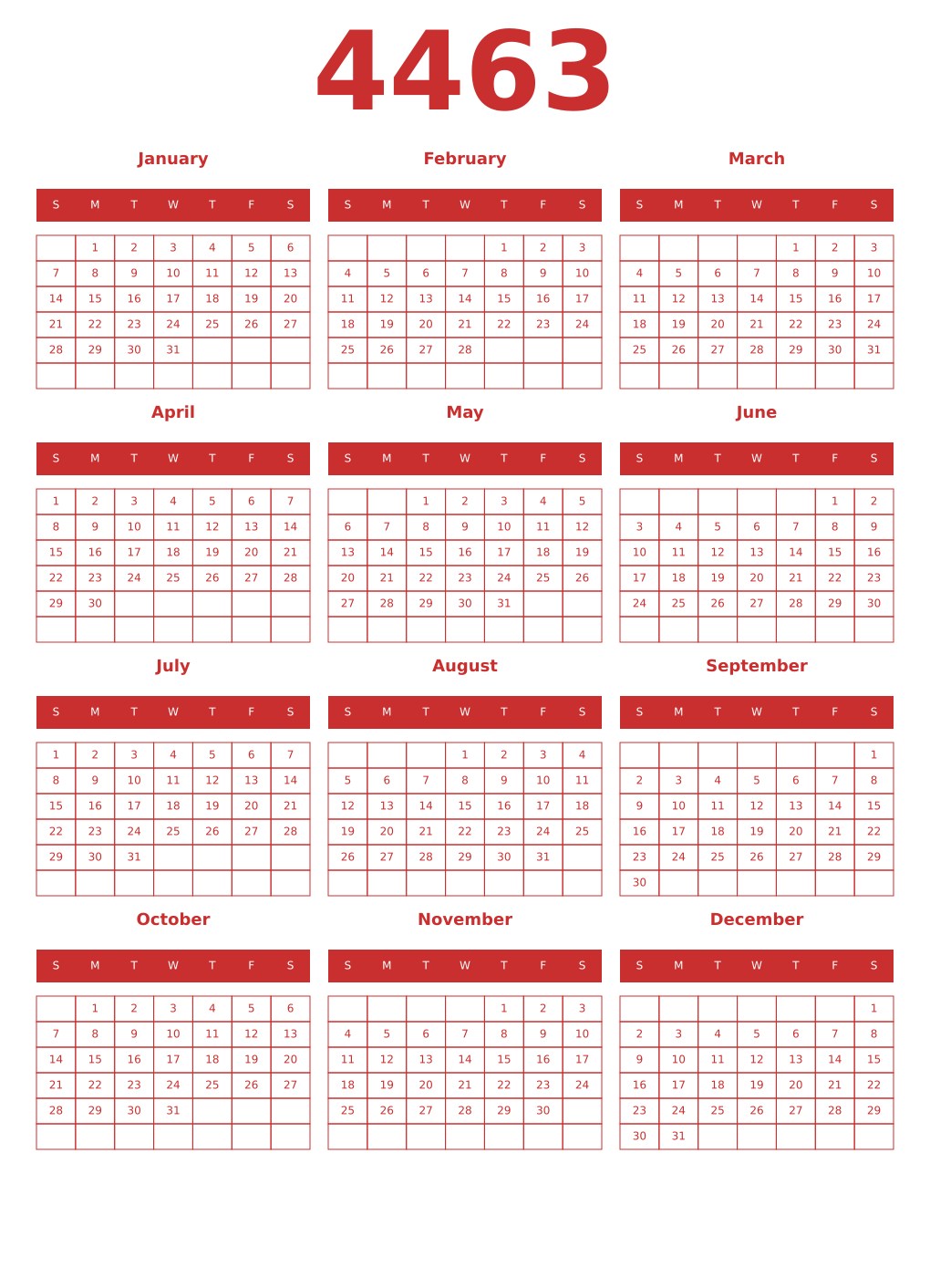 Printable 4463 Year Calendars red