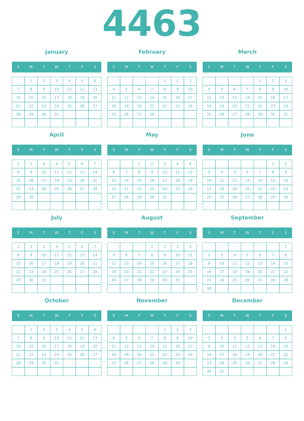 Printable 4463 Year Calendars verdigris