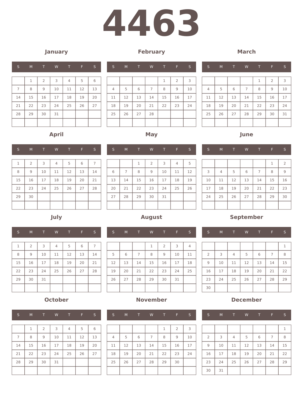 Printable 4463 Year Calendars wenge