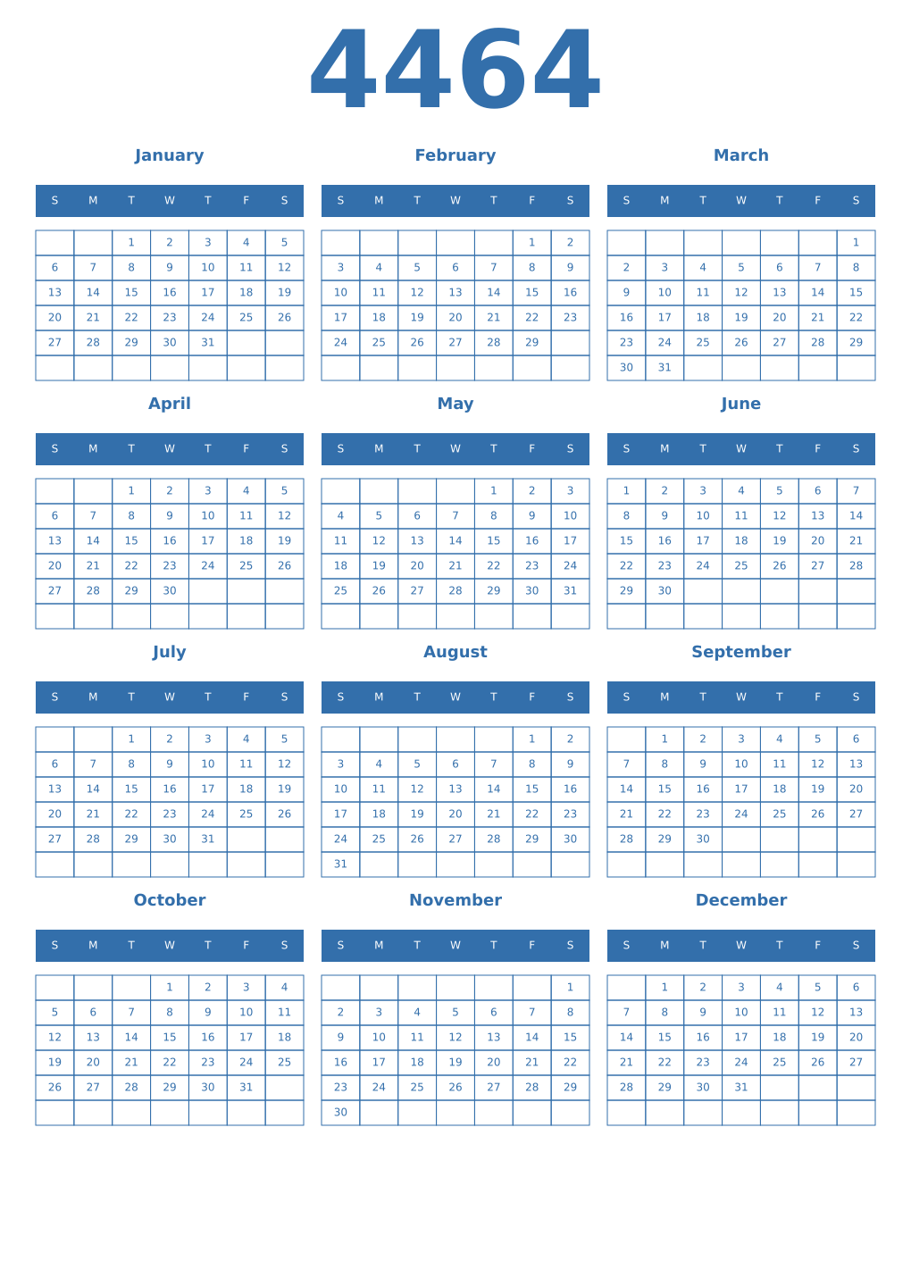 Printable 4464 Year Calendars blue