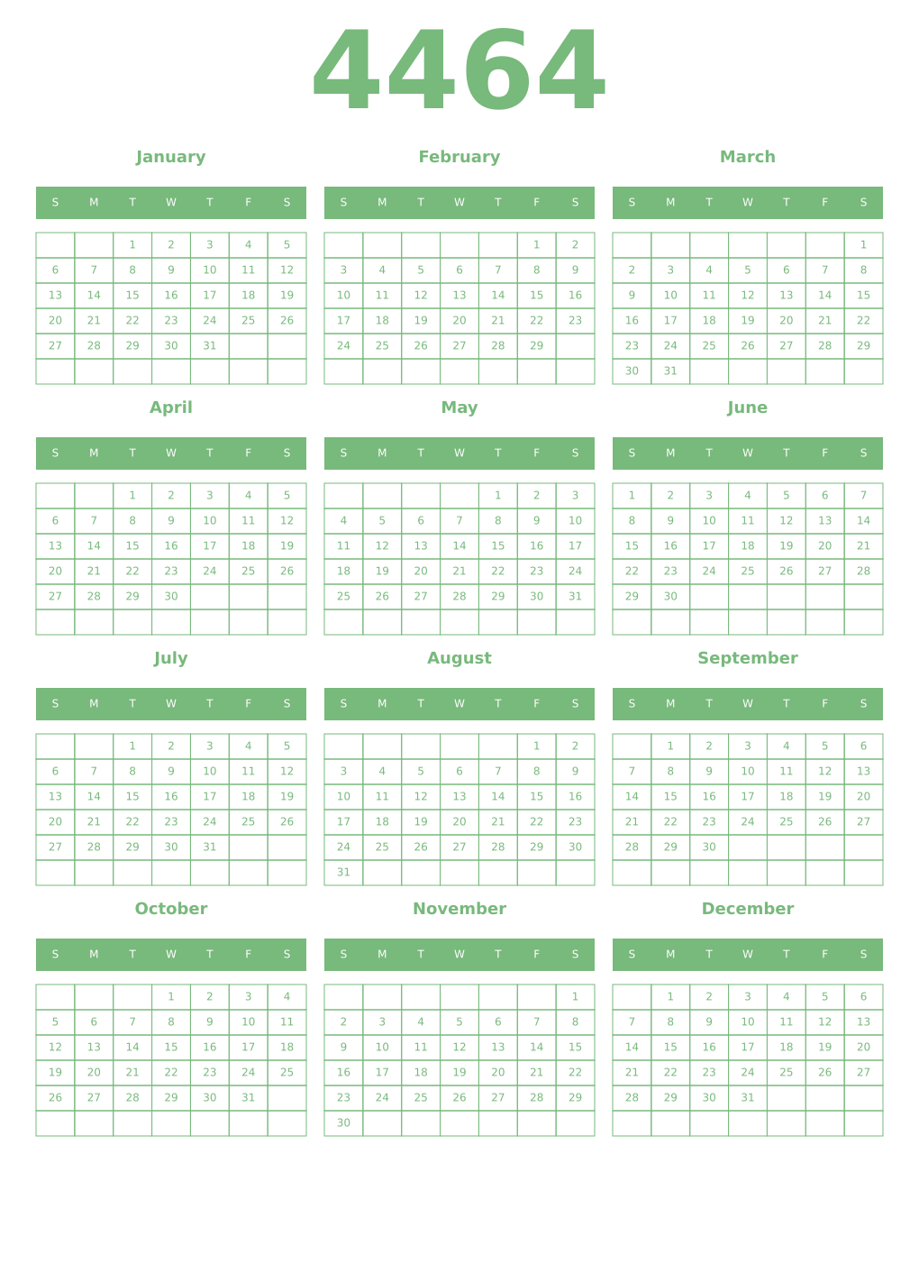 Printable 4464 Year Calendars celadon