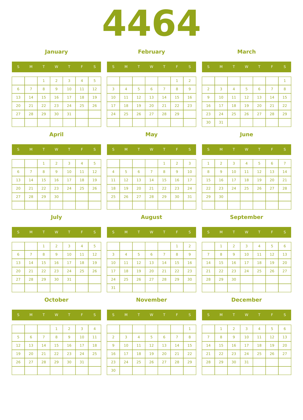 Printable 4464 Year Calendars chartreuse