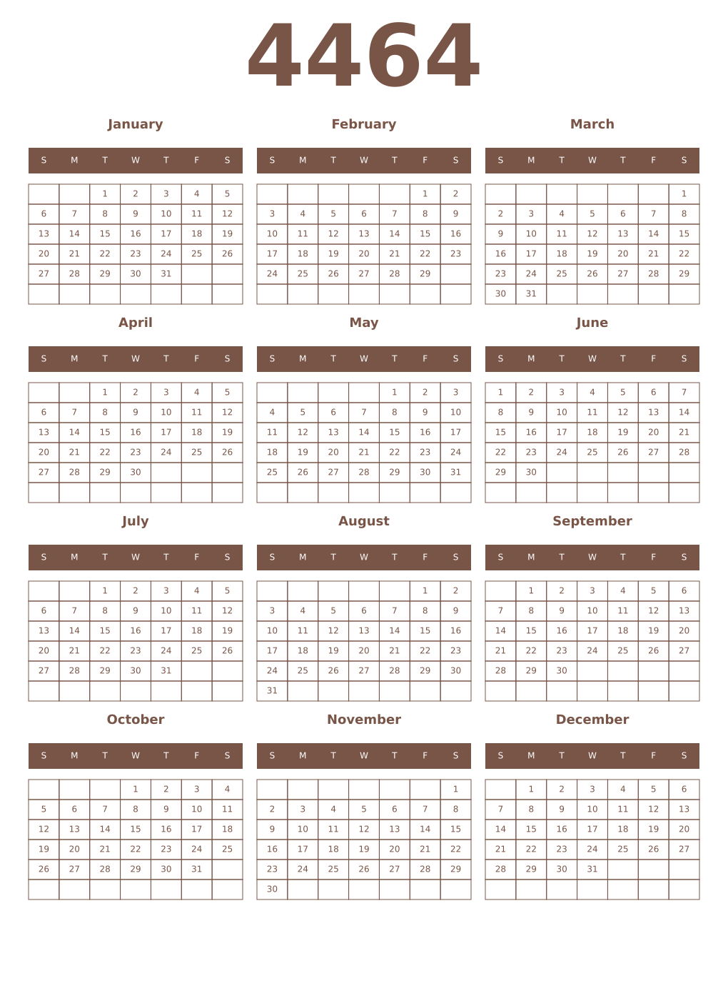 Printable 4464 Year Calendars coffe