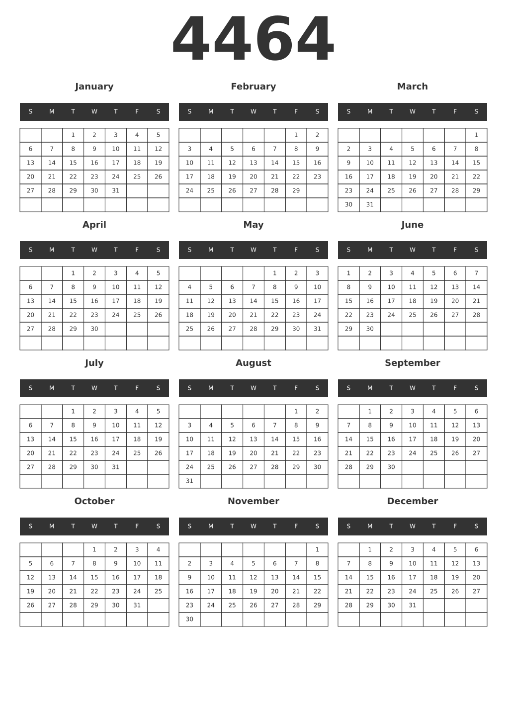Printable 4464 Year Calendars dark