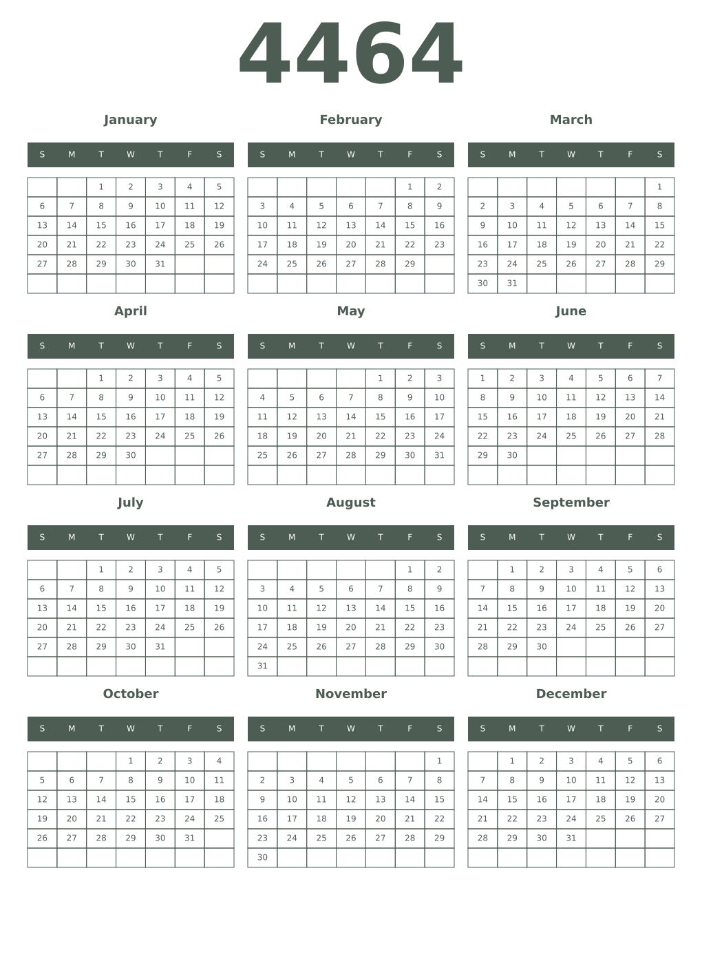 Printable 4464 Year Calendars feldgrau