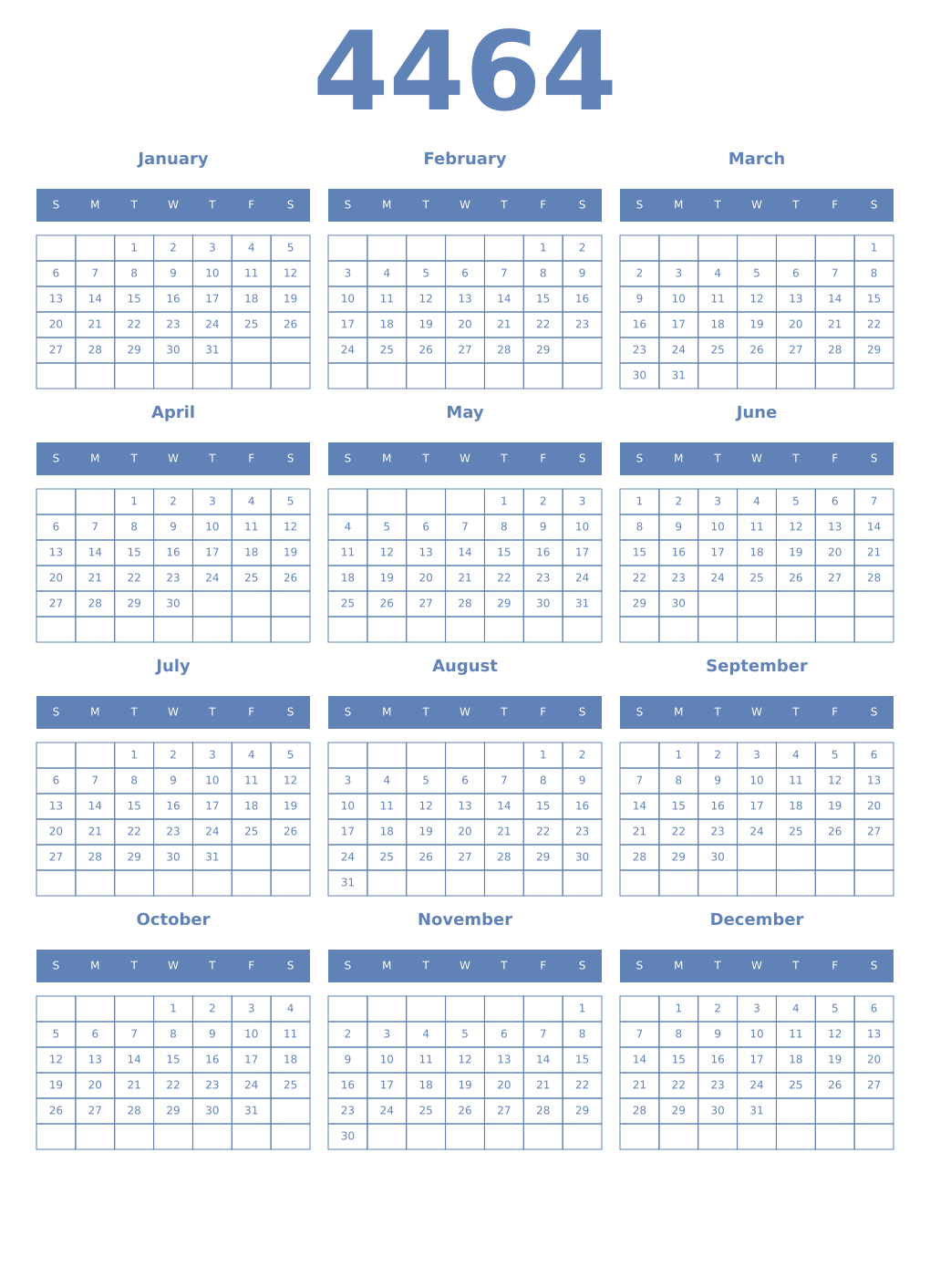 Printable 4464 Year Calendars glaucous