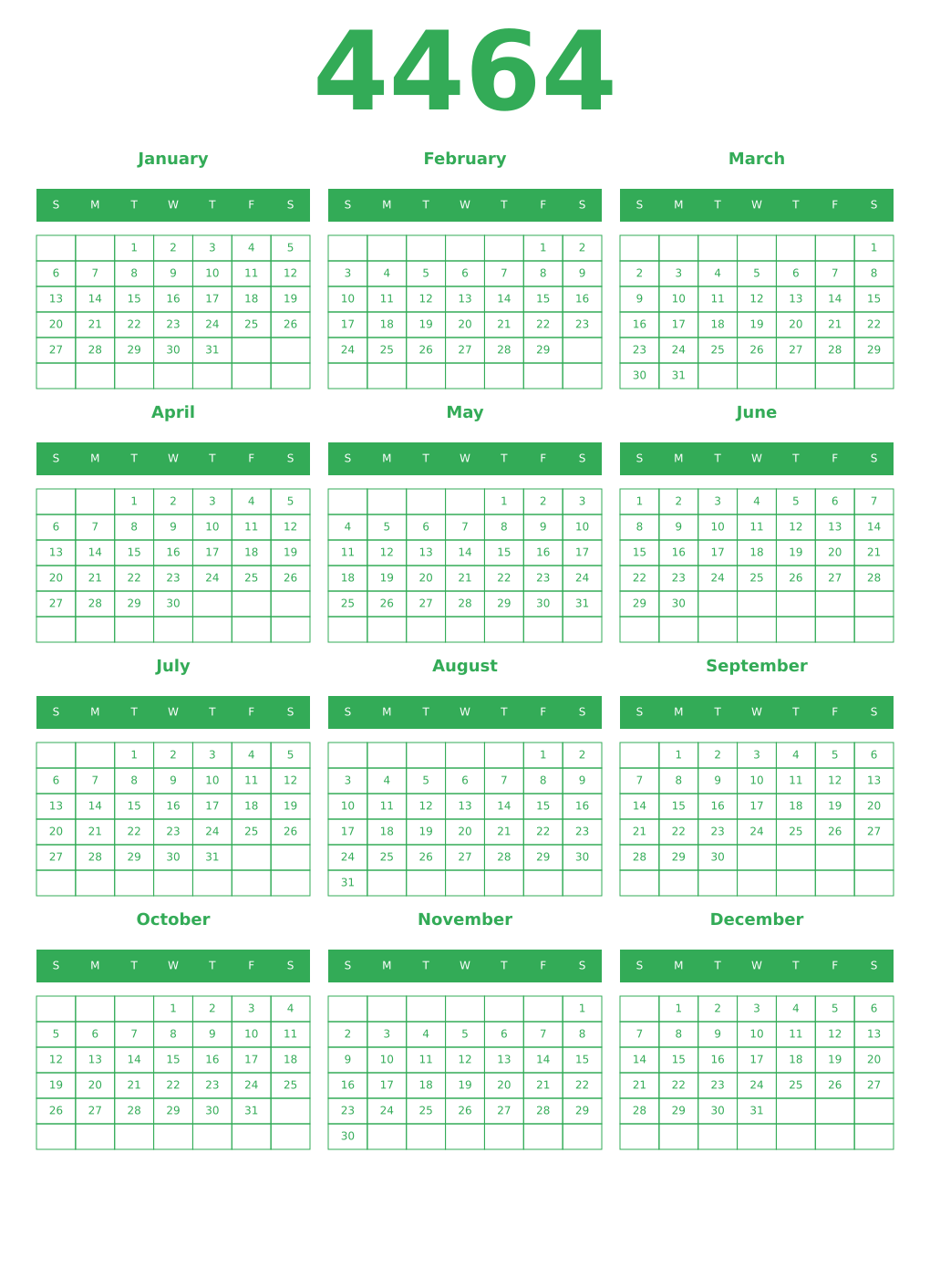 Printable 4464 Year Calendars green