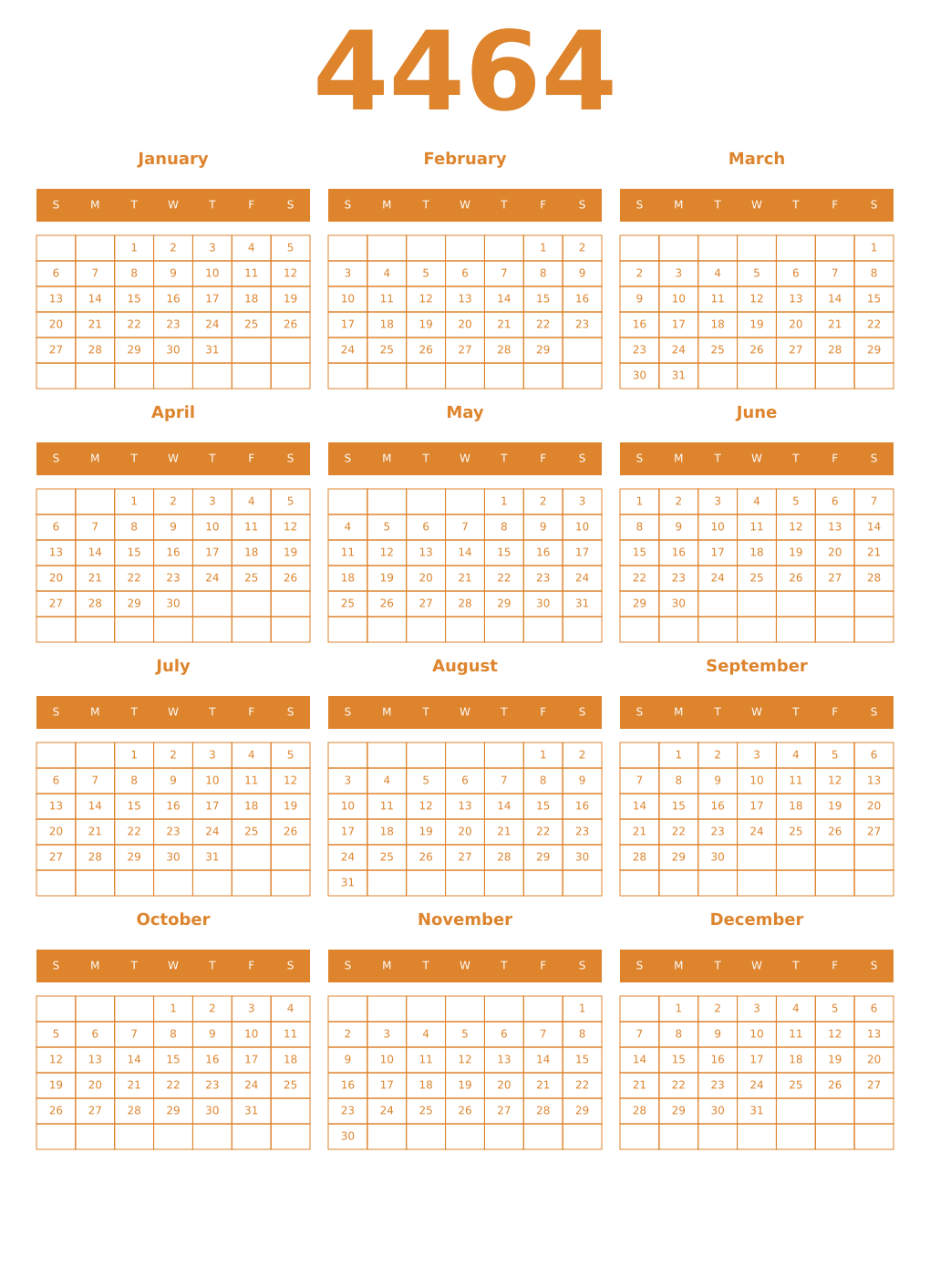 Printable 4464 Year Calendars orange