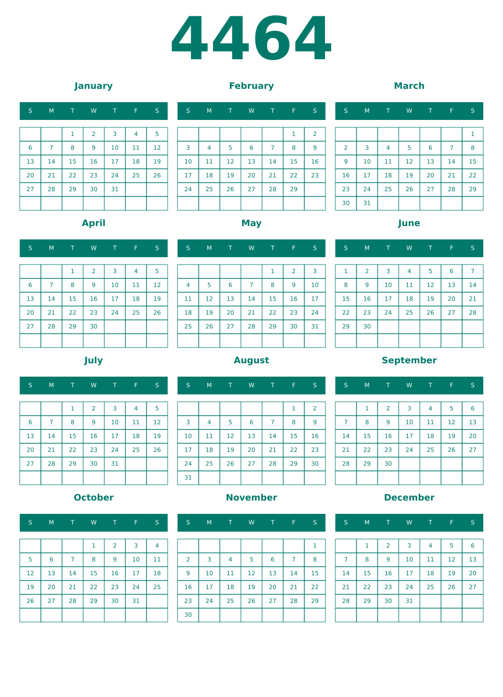 Printable 4464 Year Calendars pastel