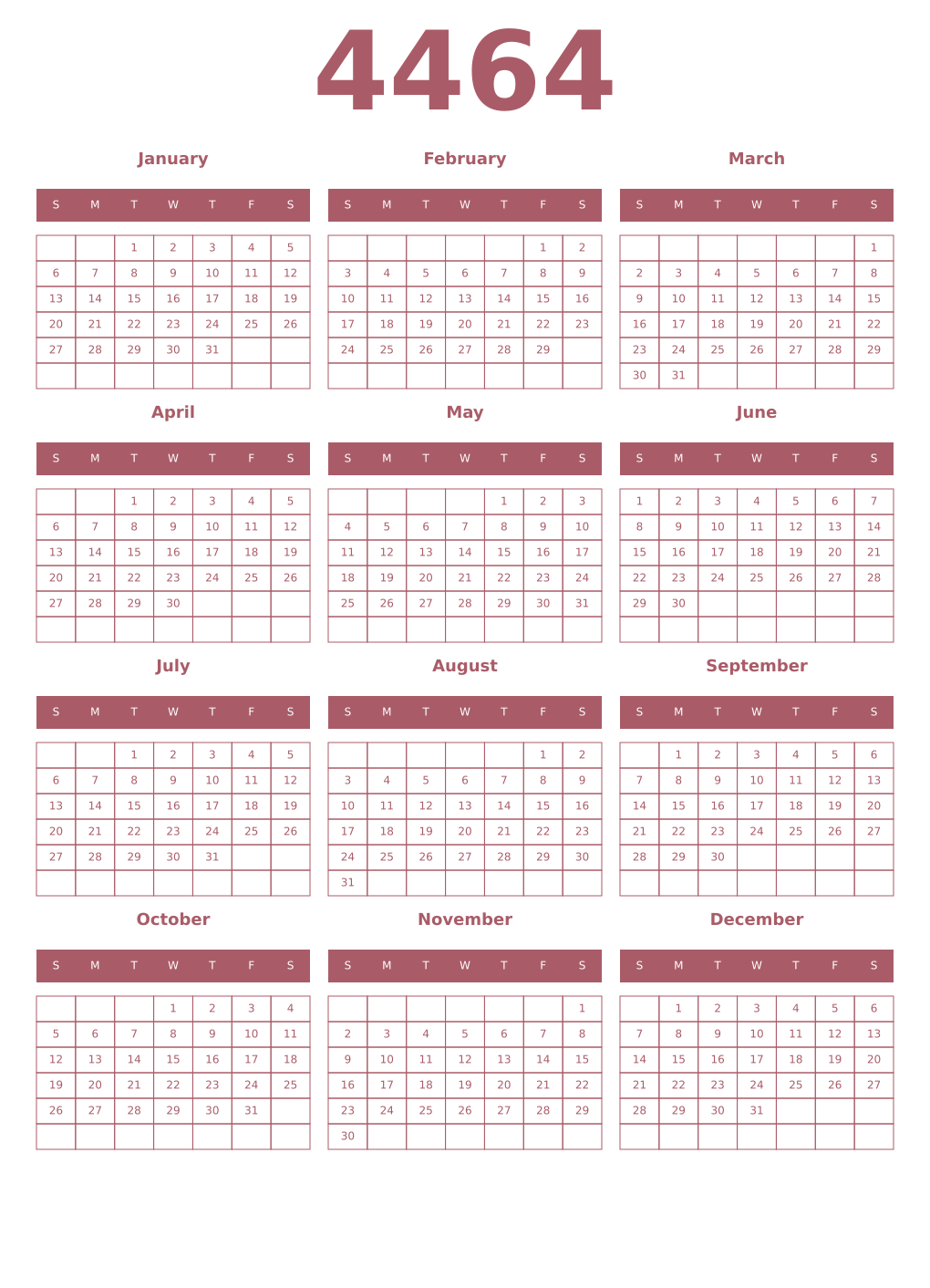 Printable 4464 Year Calendars puce