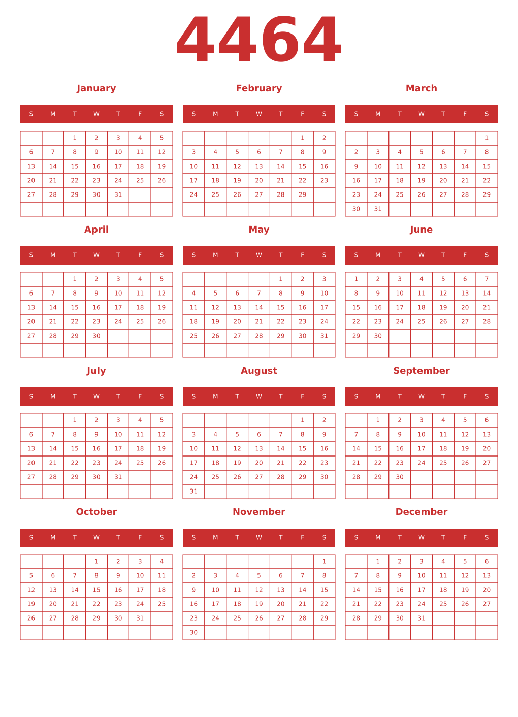 Printable 4464 Year Calendars red