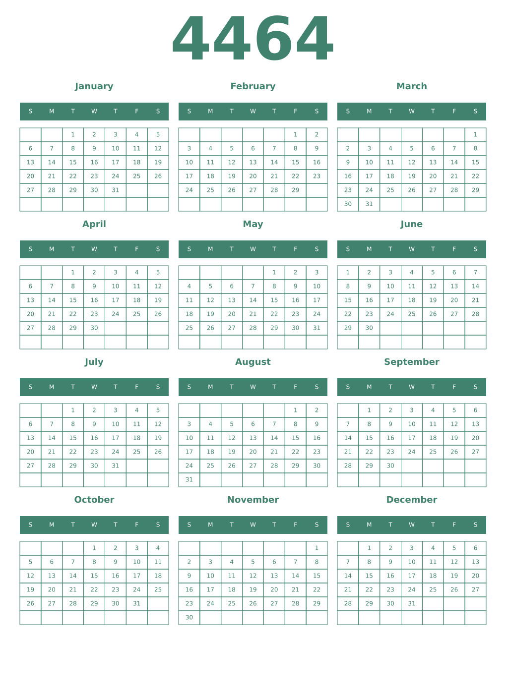 Printable 4464 Year Calendars viridian