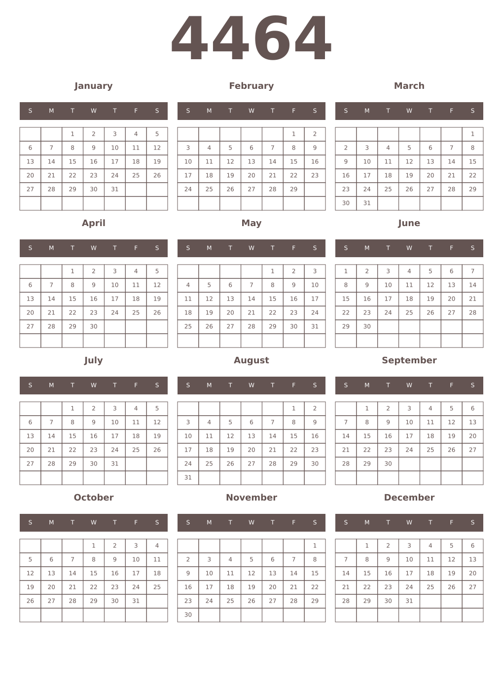 Printable 4464 Year Calendars wenge