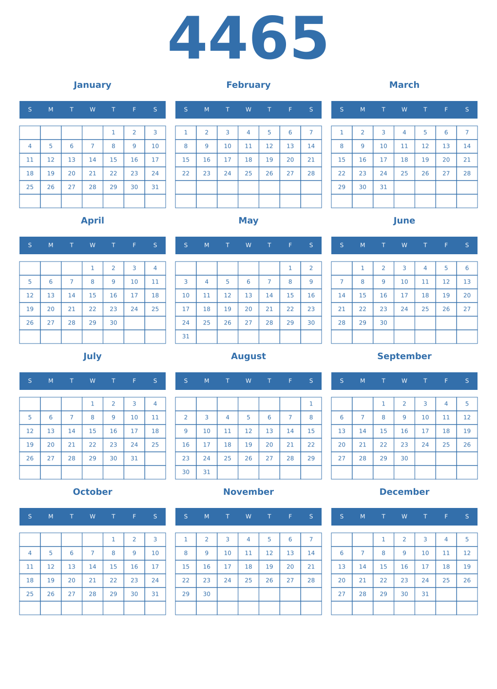 Printable 4465 Year Calendars blue