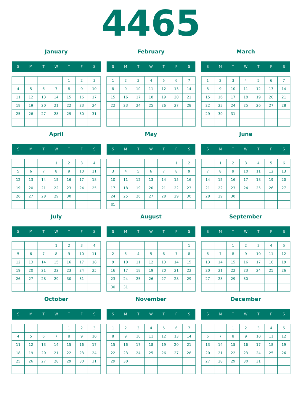 Printable 4465 Year Calendars pastel