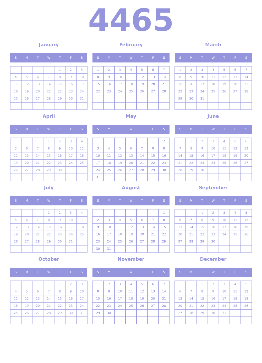 Printable 4465 Year Calendars periwinkle