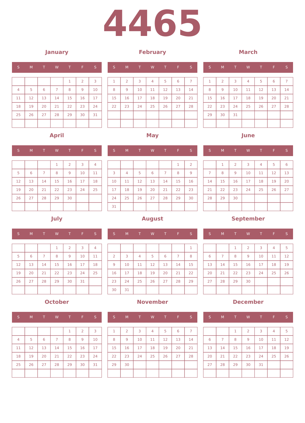 Printable 4465 Year Calendars puce