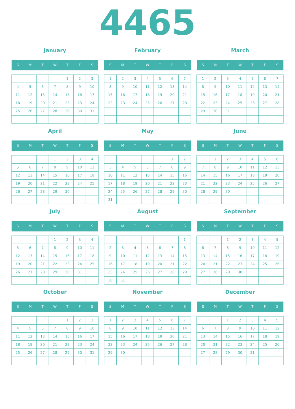 Printable 4465 Year Calendars verdigris