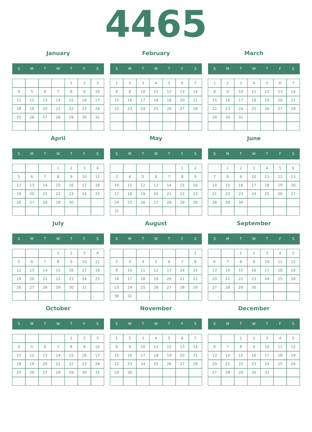 Printable 4465 Year Calendars viridian