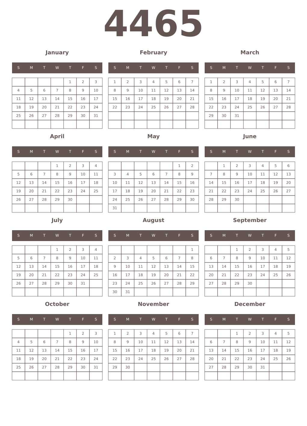 Printable 4465 Year Calendars wenge