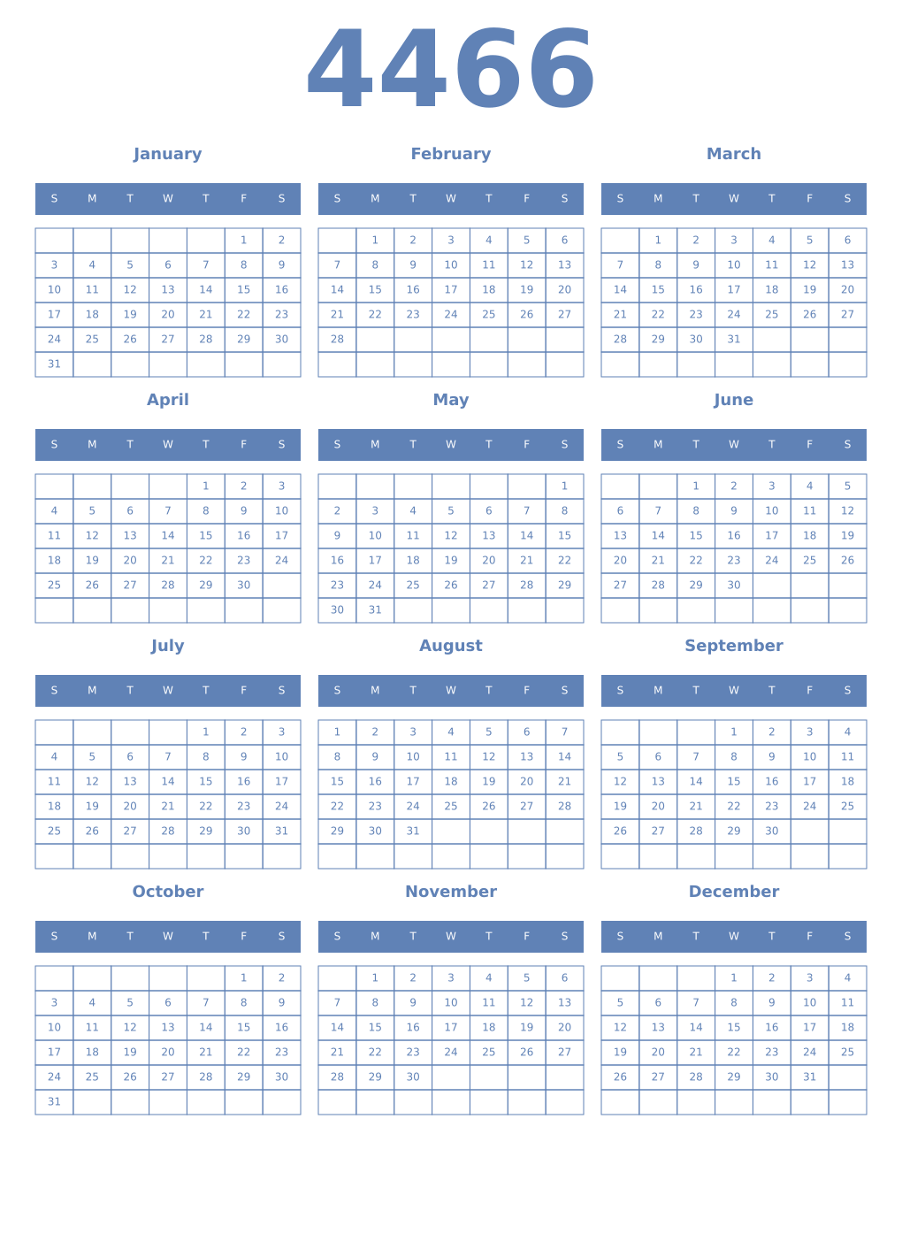 Printable 4466 Year Calendars glaucous