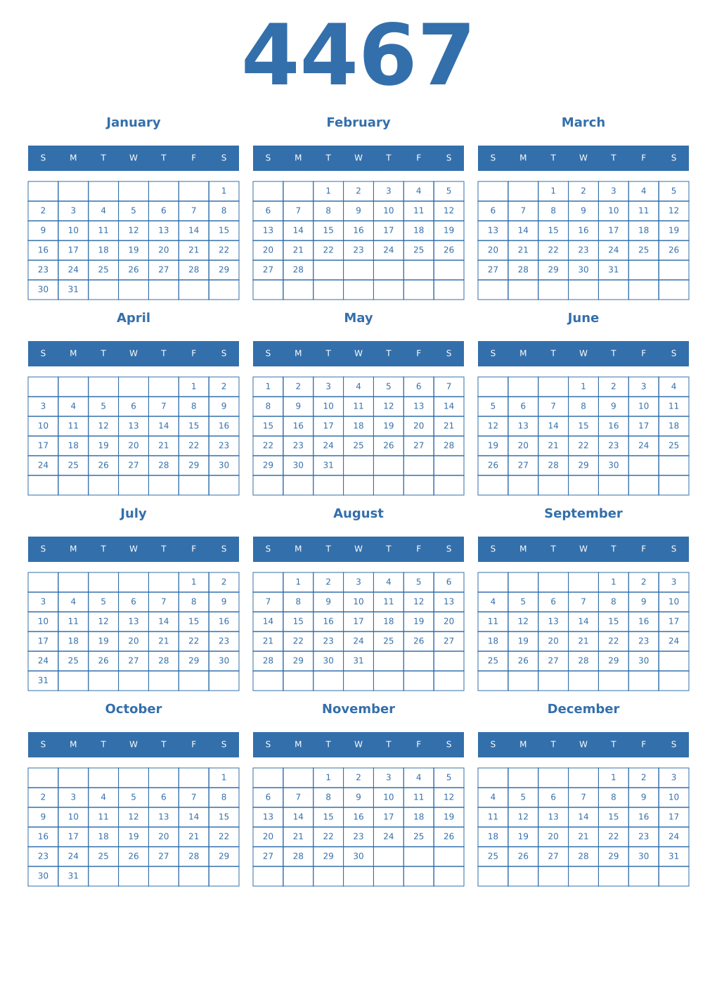 Printable 4467 Year Calendars blue