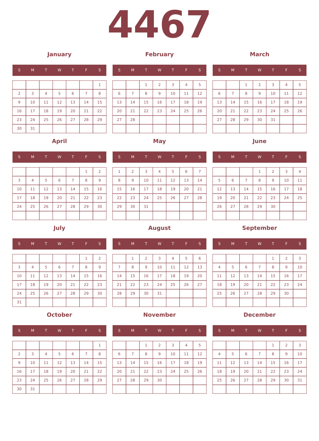 Printable 4467 Year Calendars cordovan