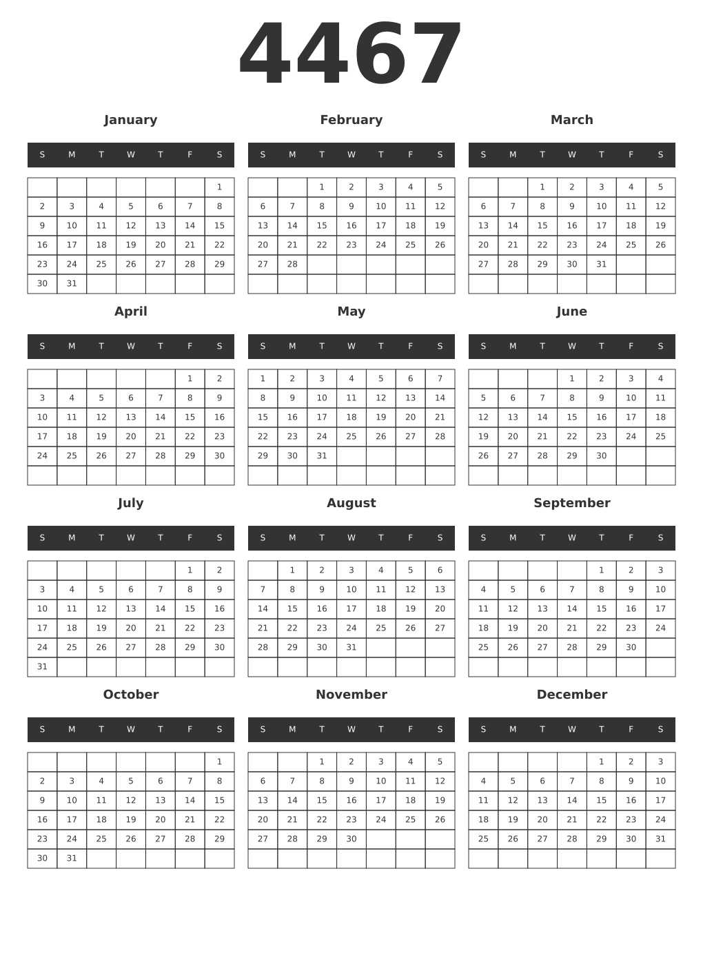 Printable 4467 Year Calendars dark