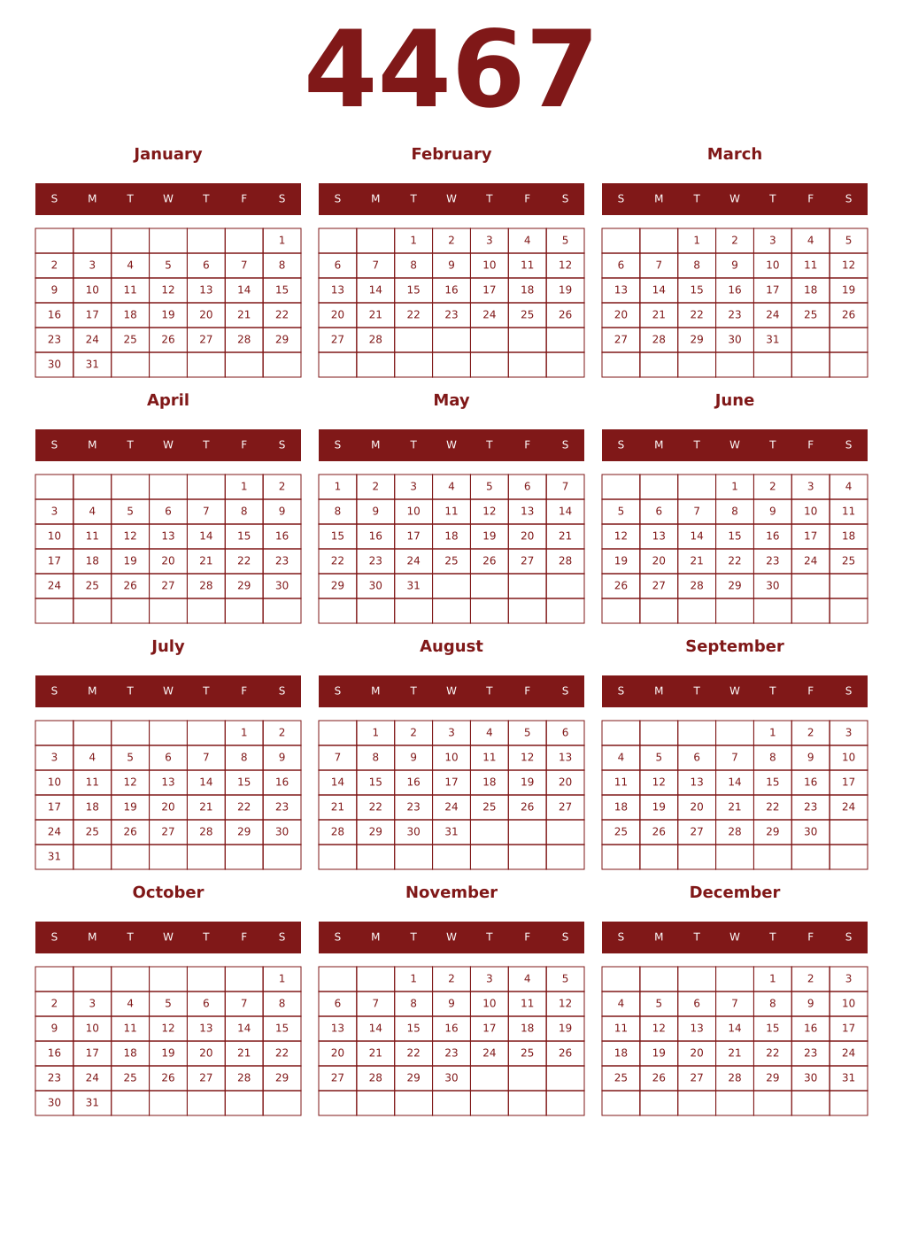 Printable 4467 Year Calendars falu