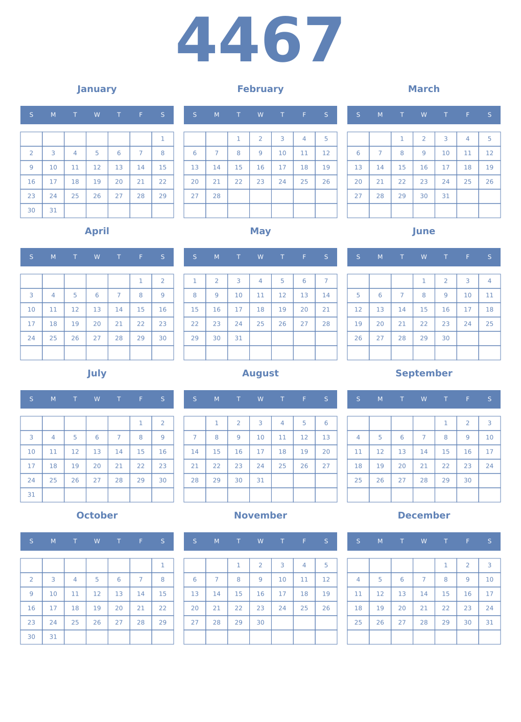 Printable 4467 Year Calendars glaucous