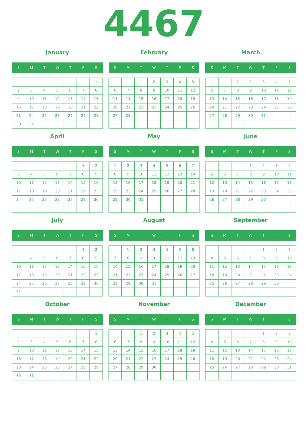 Printable 4467 Year Calendars green