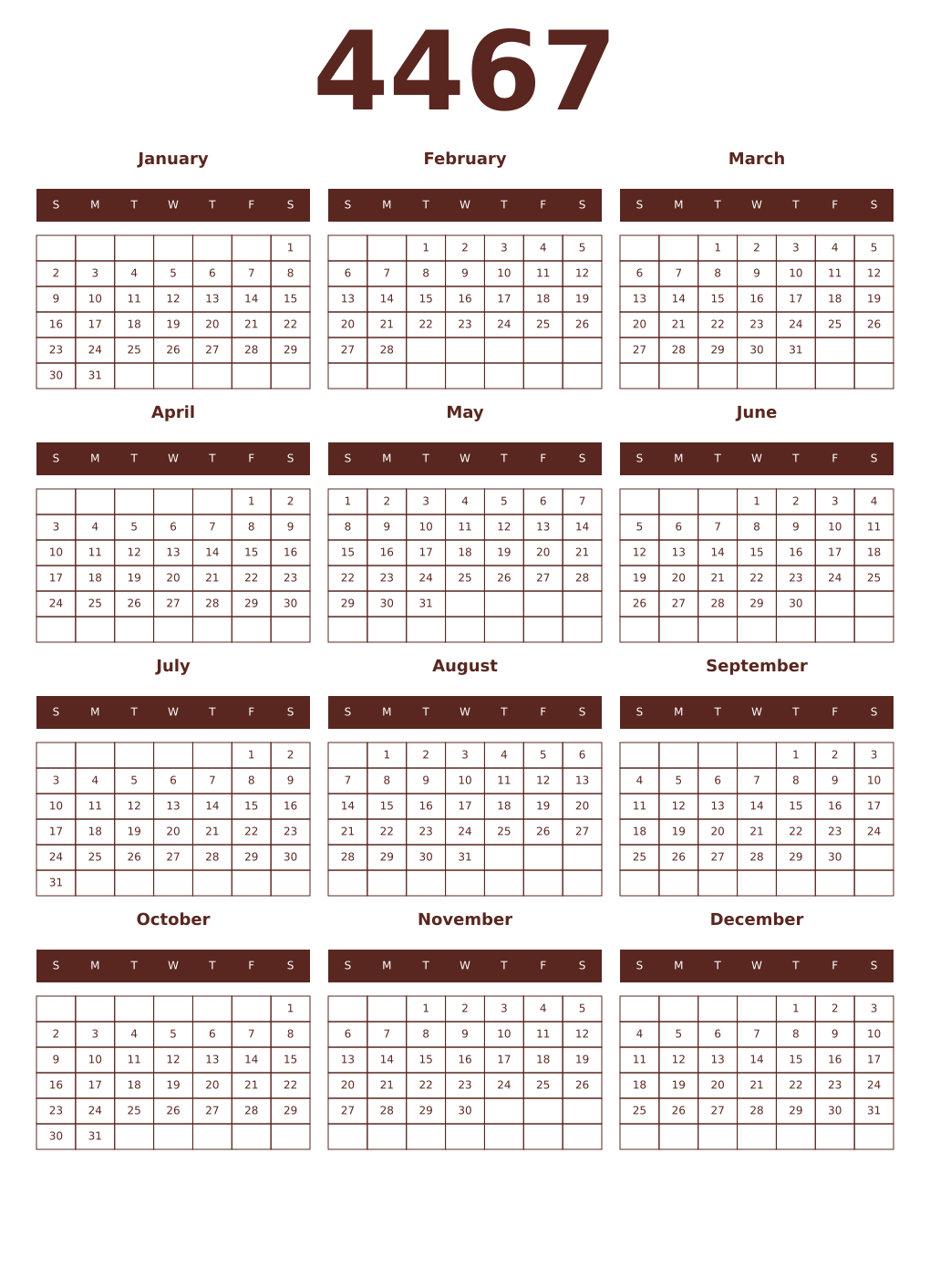 Printable 4467 Year Calendars mortuum