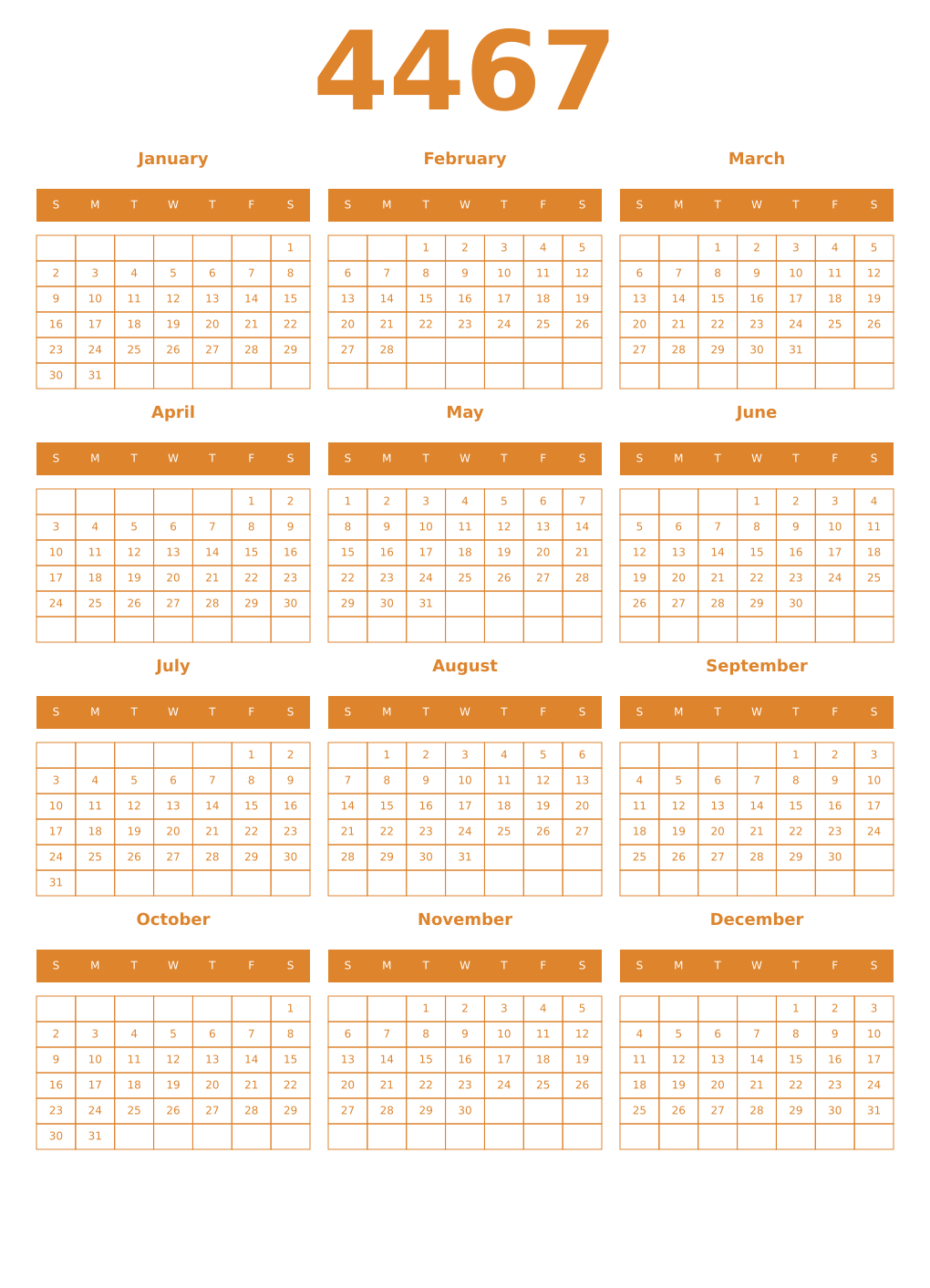 Printable 4467 Year Calendars orange