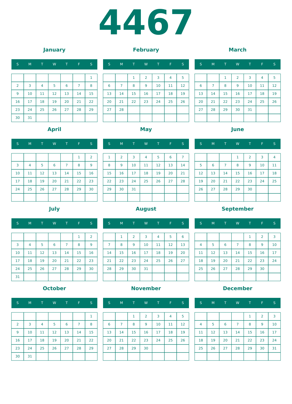 Printable 4467 Year Calendars pastel