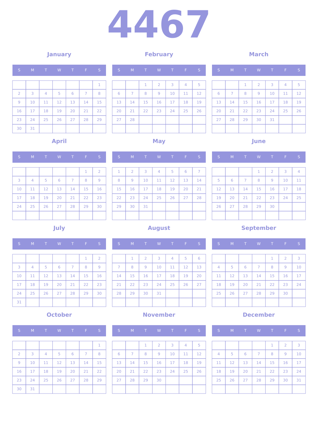 Printable 4467 Year Calendars periwinkle